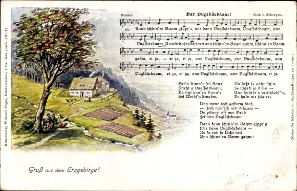 Song Postcard Vogel, Wilhelm, Dar Vuglbärbaam, idyllic landscape, Erzgebirge