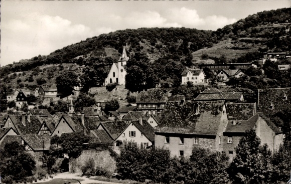 Postcard Zwingenberg on the Bergstrasse in Hesse, landscape with church, houses, hills, trees, black