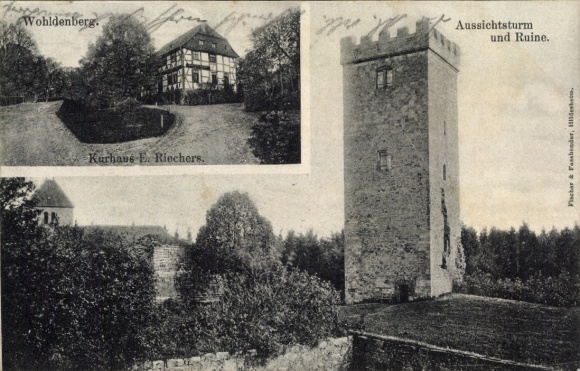 Postcard Silium Holle in Lower Saxony, Wohldenberg Castle, observation tower, ruins, Kurhaus E. Riechers