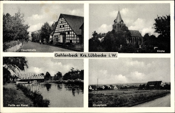 Postcard Gehlenbeck Lübbecke in Ostwestfalen, main street, church, lot at the canal, children&#39;s home