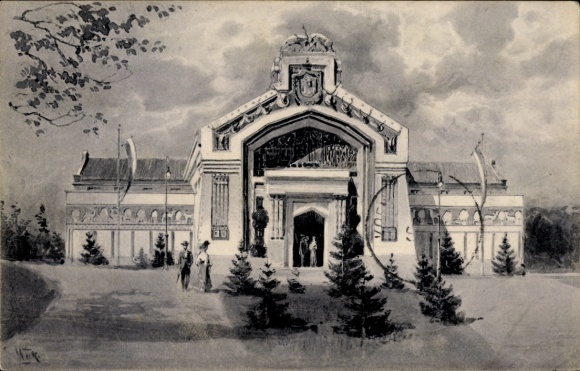 Postcard Nuremberg in Middle Franconia Bavaria, visitors at the building of the state forestry exhibition