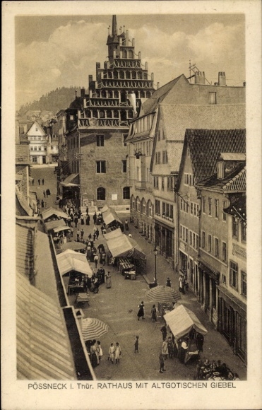 Ak Pößneck in Thüringen, Rathaus mit altgotischen Giebel
