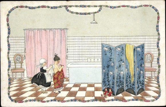 Artist PC Koehler, Mela, maid helps woman to undress, bathtub