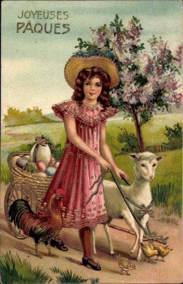 Präge Ak Frohe Ostern, Mädchen, Lamm zieht Wagen mit Ostereiern, Hahn, Küken
