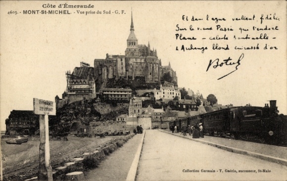 CPA Mont Saint Michel Manche, vue du ville, train