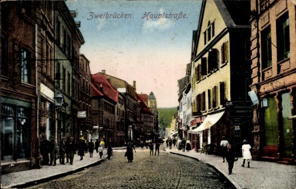Postcard Zweibrücken in the Palatinate, busy street, many people, buildings, pretty architecture