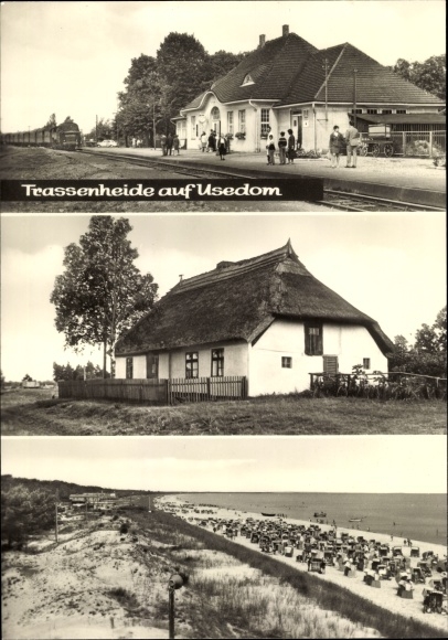 Postcard Trassenheide on Usedom, thatched cottage, beach, train station