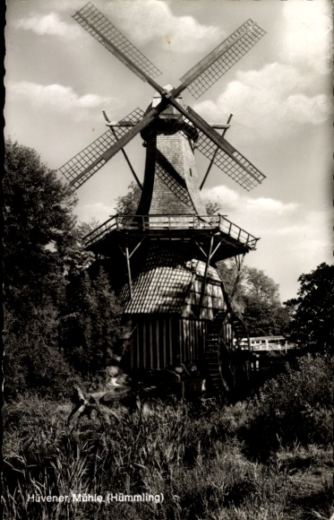Postcard Börgermoor Hümmling, Hüvener Mill, windmill, nature, wooden construction, landscape