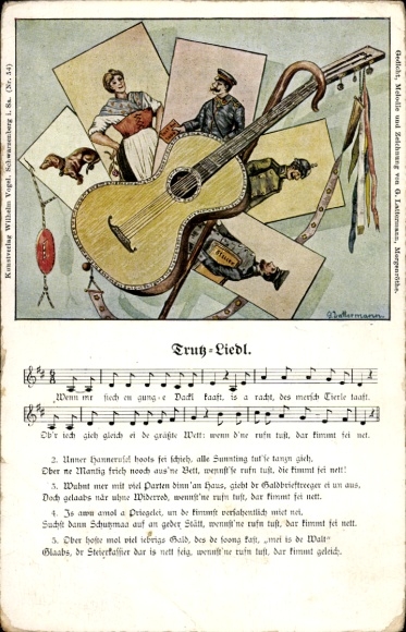 Lied Künstler Ak Lattermann, Trutz Liedl, Postbote, Gitarre, Wanderstab, Wilhelm Vogel, Erzgebirge