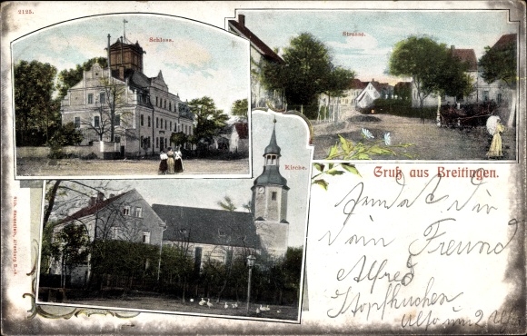 Postcard Regis Breitingen Saxony, castle, street, church
