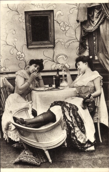 Postcard Parisiennes fin de siecle, women at the table, wardrobe, stockings