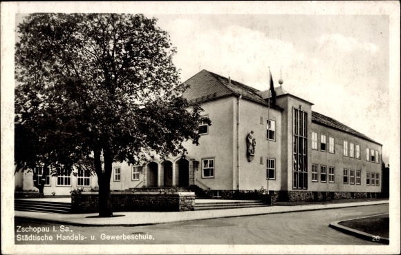 Postcard Zschopau in the Erzgebirge of Saxony, Städt. Business and Trade School