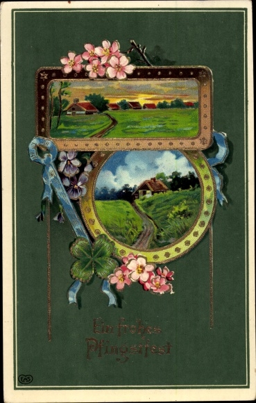 Embossed PC congratulations Pentecost, lucky clover, flowers