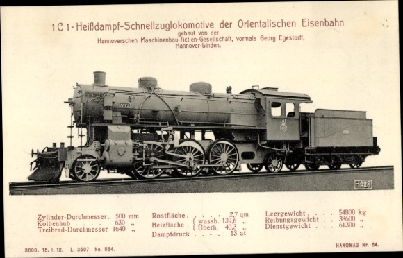 Postcard hot steam express locomotive of the Oriental Railway, Hanomag