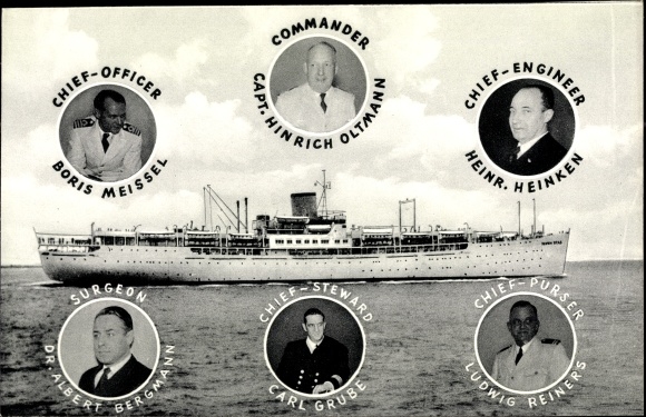 Postcard steamboat MS Seven Seas, Europa Canada Line, Heinr. Heinken, Hinrich Oltmann, B. Meissel