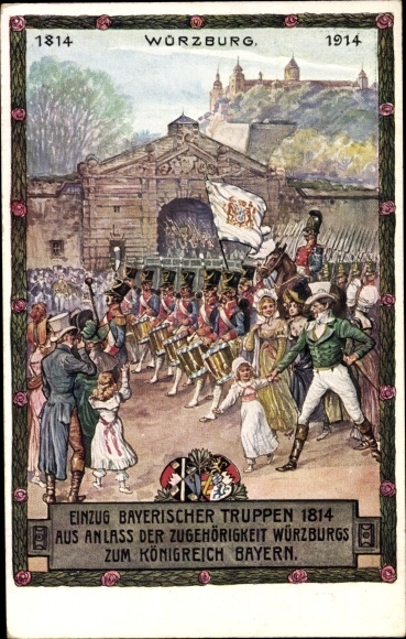 Postwaardestuk ansichtkaart Würzburg am Main Unterfranken, binnenkomst van Beierse troepen 1814