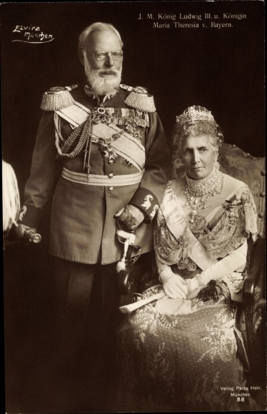 Postcard King Ludwig III of Bavaria, Queen Maria Theresia, portrait, photo studio Elvira