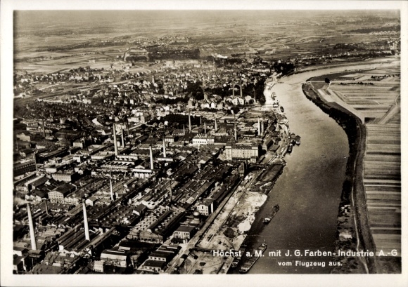 Postcard Höchst Frankfurt am Main, aerial photograph, IG Farben-Industrie AG