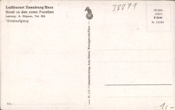 Postcard Ilsenburg in the Harz, Hotel zu den roten Forellen, hotel entrance