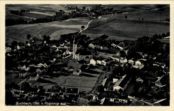 Postcard Buchbach in Upper Bavaria, aerial view of church buildings, residential buildings, fields