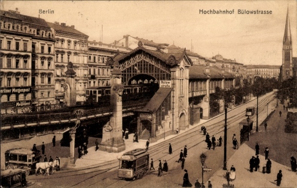 Postcard Berlin Schöneberg, view of the Bülowstraße elevated station, tram