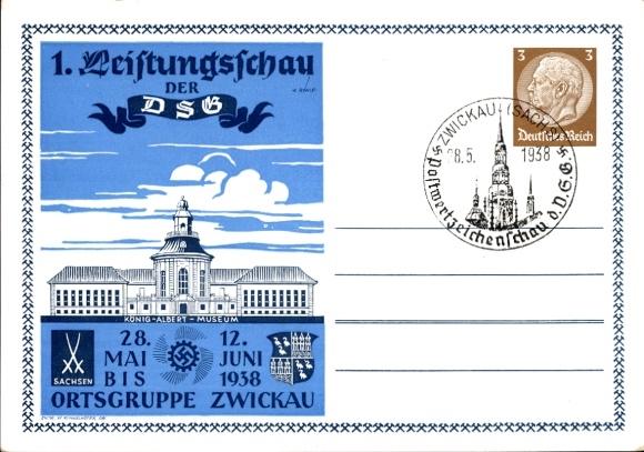 Artysta zajmujący się papeterią pocztową KP Rohle, E., Zwickau, 1. wystawa DSG 1938, Muzeum Króla Alberta