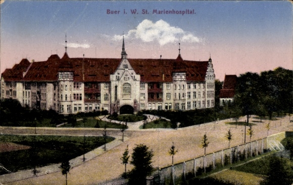 Postcard Buer in Westphalia Gelsenkirchen Ruhr area, St. Marienhospital, building, trees, path