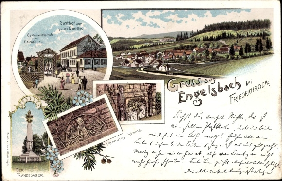 Litho Engelsbach Leinatal, Kandelaber, Paradies Steine, Gasthof zur Guten Quelle