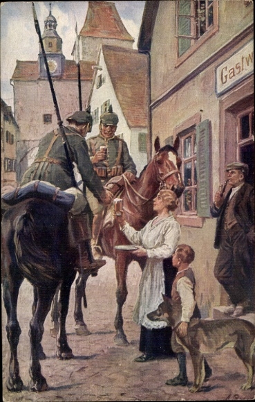 Artist PC Roloff, A., A trunk in the hanger, German cavalrymen with lances, beer, shepherd dog