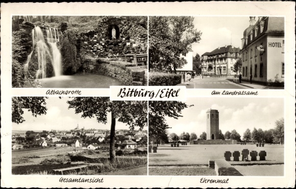 Ak Bitburg in der Eifel, Albachgrotte, Landratsamt, Ehrenmal, Panorama