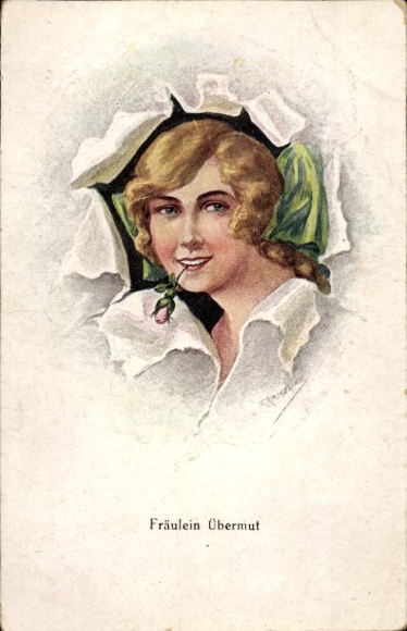 Artist Postcard Kaskeline, F., Miss Übermut, Woman with Rose in Mouth
