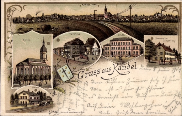 Chromo-Litho Kandel in the Palatinate Bienwald, church, train station, town hall, school