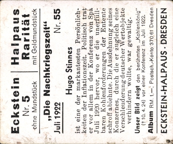 Collector's picture The post-war period, No. 55, July 1922 Hugo Stinnes, Kohlenkönig