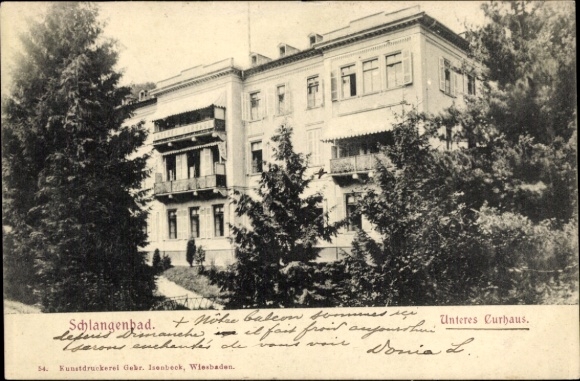 Postcard Schlangenbad in the Taunus Hessen, Lower Curhaus, large windows, trees