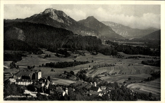 Postcard Neubeuern in Upper Bavaria, black and white landscape, mountains, fields, village, river
