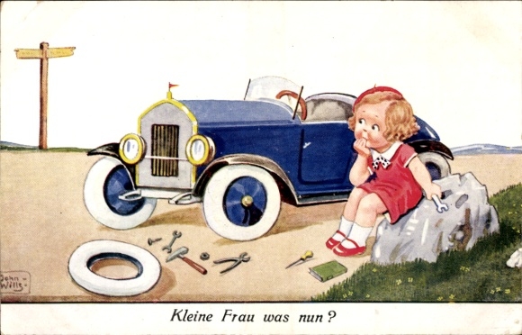 Artist Postcard Wills, John, girl has a flat tire, bad luck, automobile