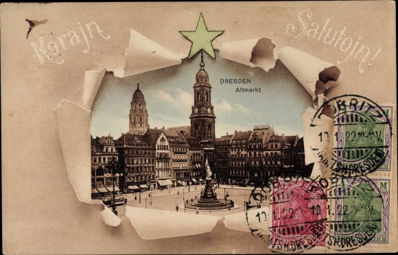Passepartout Postcard Dresden Zentrum Altstadt, Altmarkt, Best regards, Esperanto