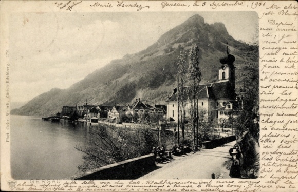 KP Gersau Kanton Schwyz, piękny krajobraz, kościół, góry, jezioro, z 1901 r.