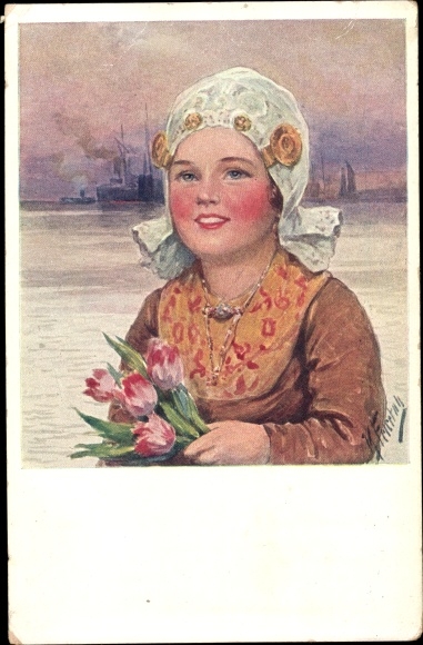 Artist PC Holiday, Karl, girl with flowers, sailing ship, Dutch costume