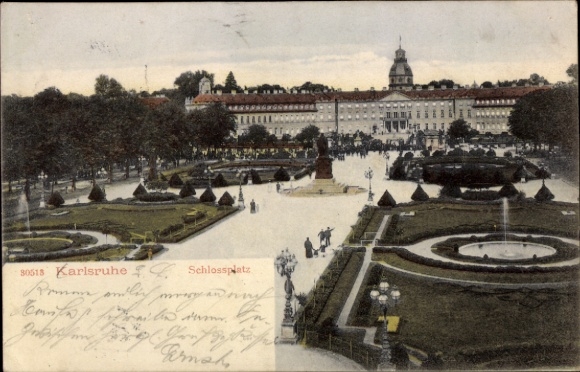 Ak Karlsruhe in Baden, Karlsruhe Schlossplatz, Gartenanlagen, Menschen, Statue