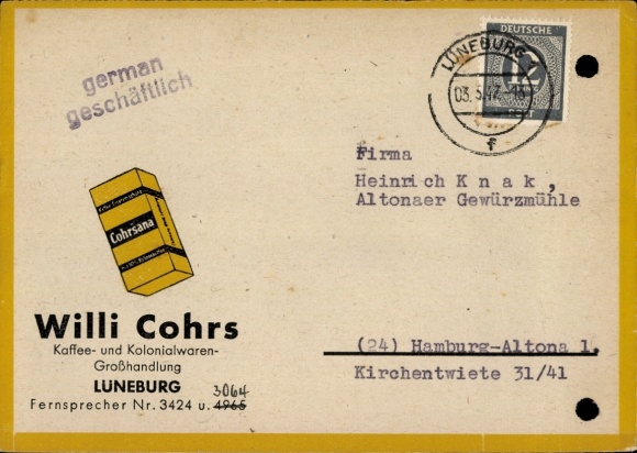 Ak Lüneburg in Niedersachsen, Werbung, Kaffee Cohrsana, Willi Cohrs