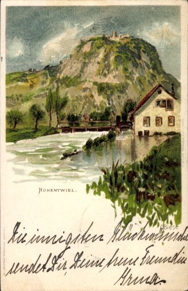 Postcard Singen Hohentwiel Baden Württemberg, mountain fortress water, house, picturesque landscape