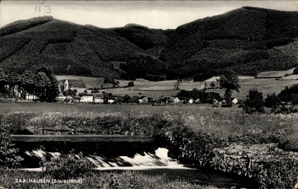 Postcard Saalhausen Lennestadt in the Sauerland, landscape with mountains, waterfall and village, church...