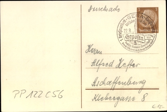 Artykuły piśmiennicze KP PP 122 C 56, Geposta, wystawa znaczków Gera 1937, KdF, rynek