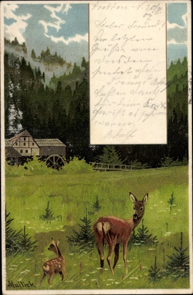 Artist Chromo-Litho Mailick, deer, young animal, house, meadow