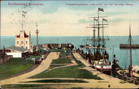 Postcard North Sea resort Cuxhaven, Telegraph building Alte Liebe, Old Harbor, Sailing ship