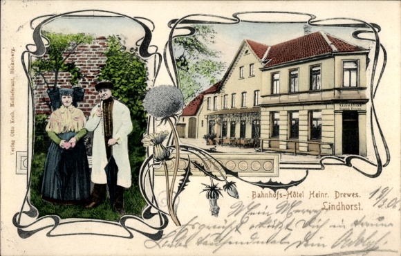 Postcard Lindhorst in the district of Schaumburg, Bahnhof-Hotel Heinr. Drewes, couple in traditional costume