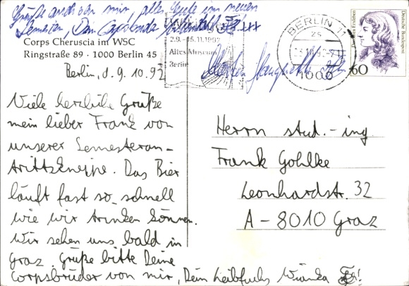 Studentika Postcard Berlin, Corps Cheruscia in the WSC, Ringstraße 89, coat of arms