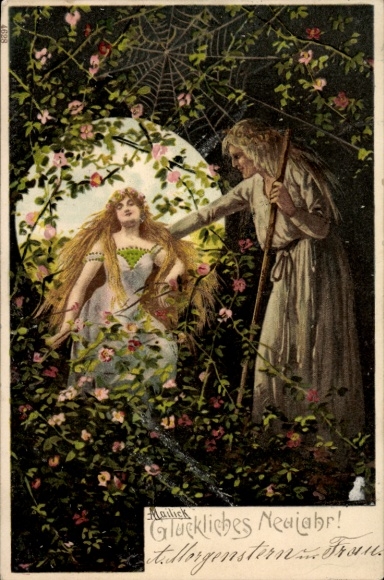 Künstler Litho Mailick, Glückwunsch Neujahr, Junge Frau, Blumen, Spinnennetz