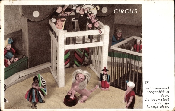 Postcard circus, manege, wooden figures, lion